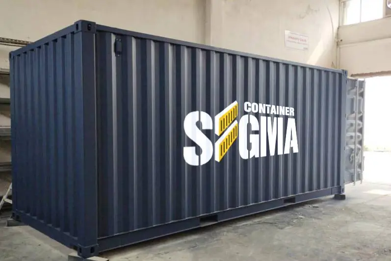 Navy blue 20 foot container with the Sigma Container logo
